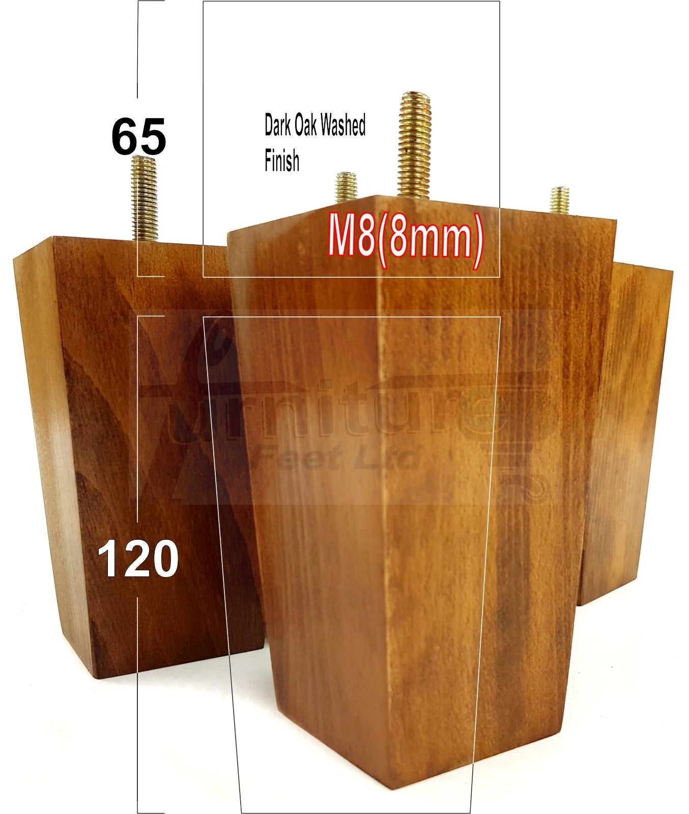 Solid Wood Furniture Feet Square Replacement Block Tapered Legs 120mm High M8 Set of 4 Sofa Chairs Stools Cabinets Beds