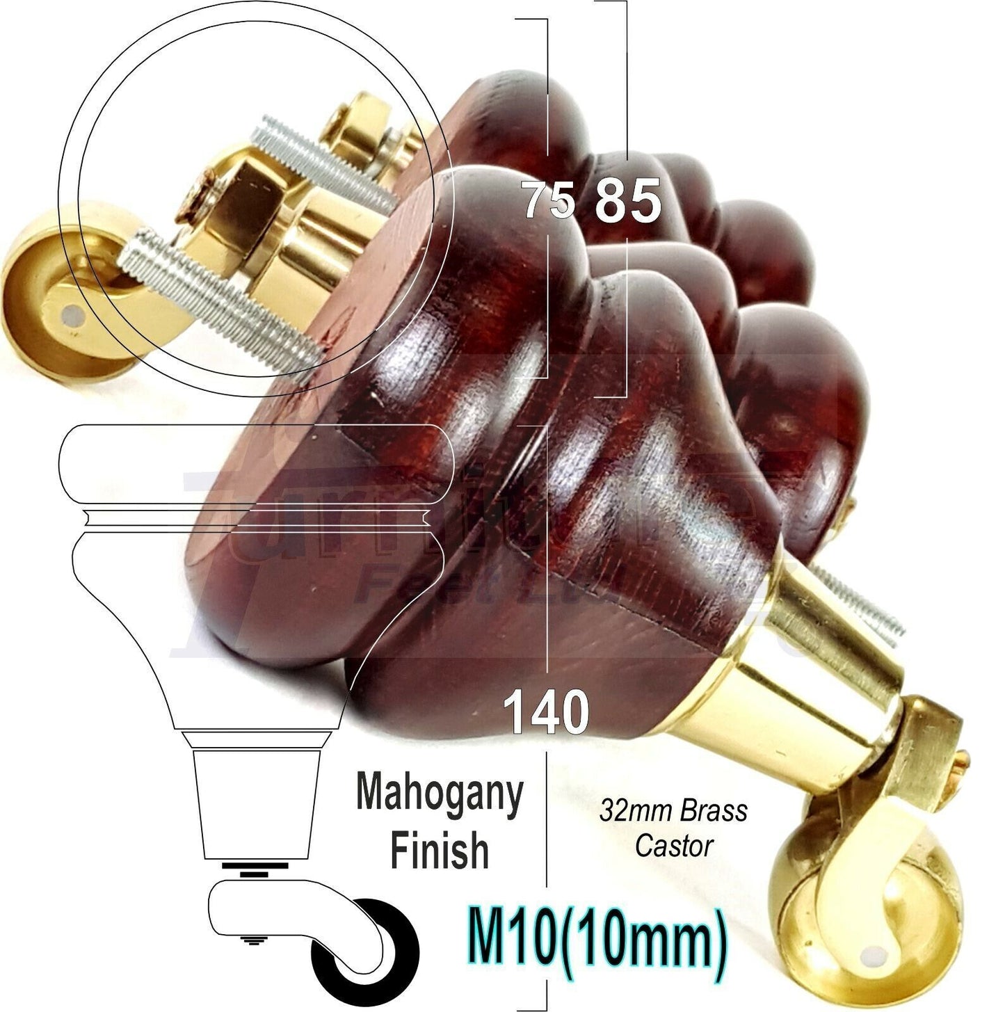 4x Turned Furniture Wood Feet With Castors 140mm Sofas Chairs Settee Cabinets Beds M10(10mm)