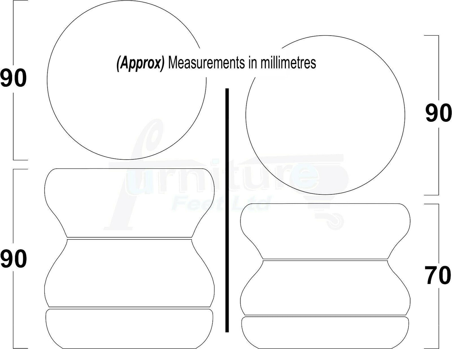 4x Turned Solid Wood Furniture Legs Replacement Bun Feet 90mm High 8mm Thread