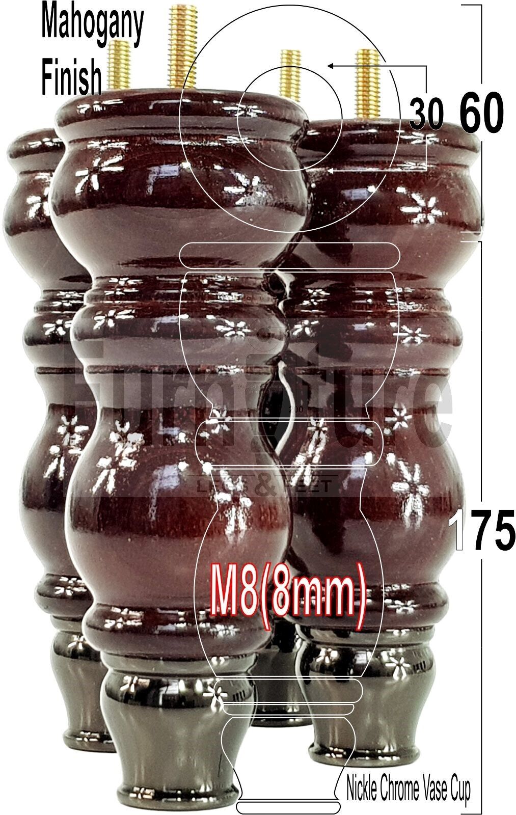 4x Furniture Feet With Slipper Cup 175mm High Legs Mahogany Finish Wood M8 Sofas Chairs Cabinets