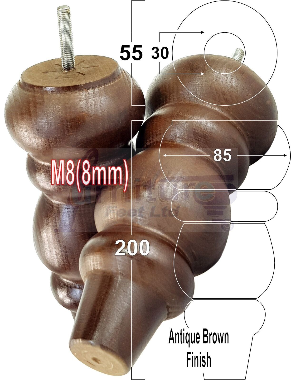 Solid Wood Furniture Feet Replacement Turned Legs 200mm High Chairs Stools Sofa's Beds Settee Cabinets M8 Various Colours Set of 4