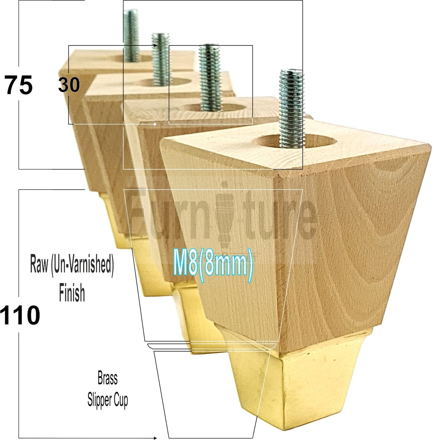 4x Block Wood With A Brass Slipper Cup Furniture Chair Settee Legs M8 Sofa Feet 110mm