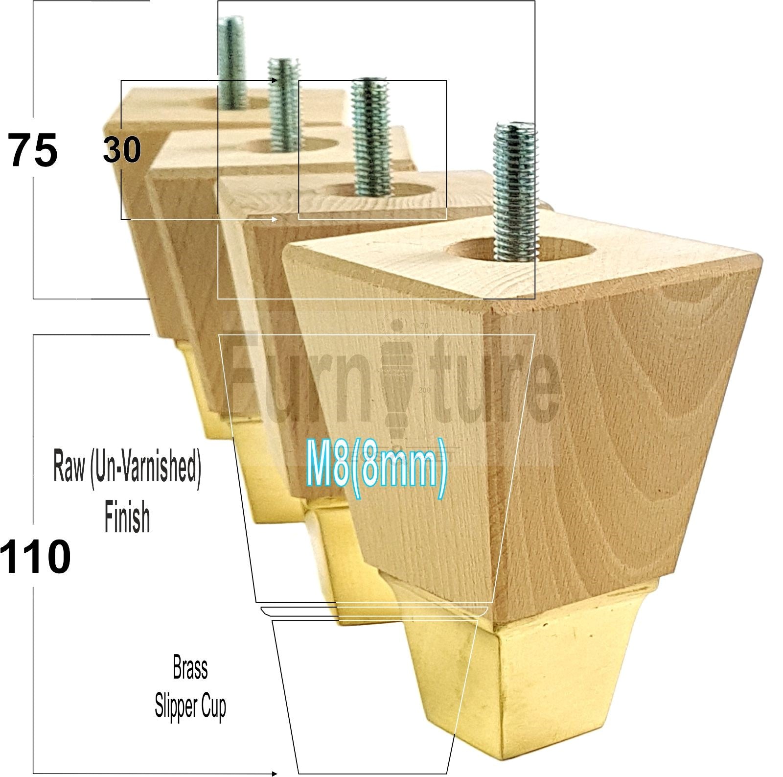 4x Block Wood With A Brass Slipper Cup Furniture Chair Settee Legs M8 Sofa Feet 110mm