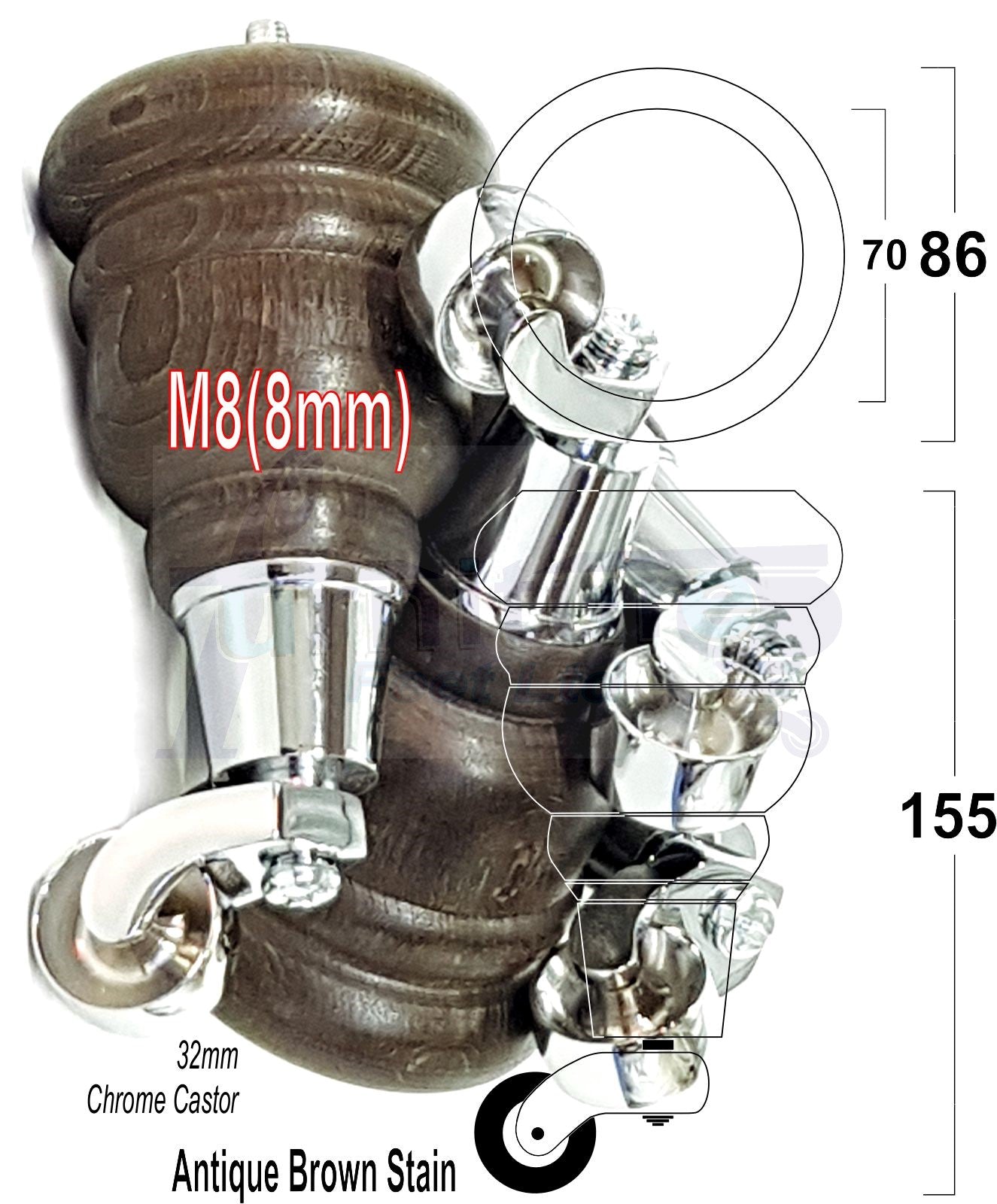 Solid Wood Furniture Legs With Castors Set of 4 Antique Brown Stain 6 Inch Feet 160mm High M8 