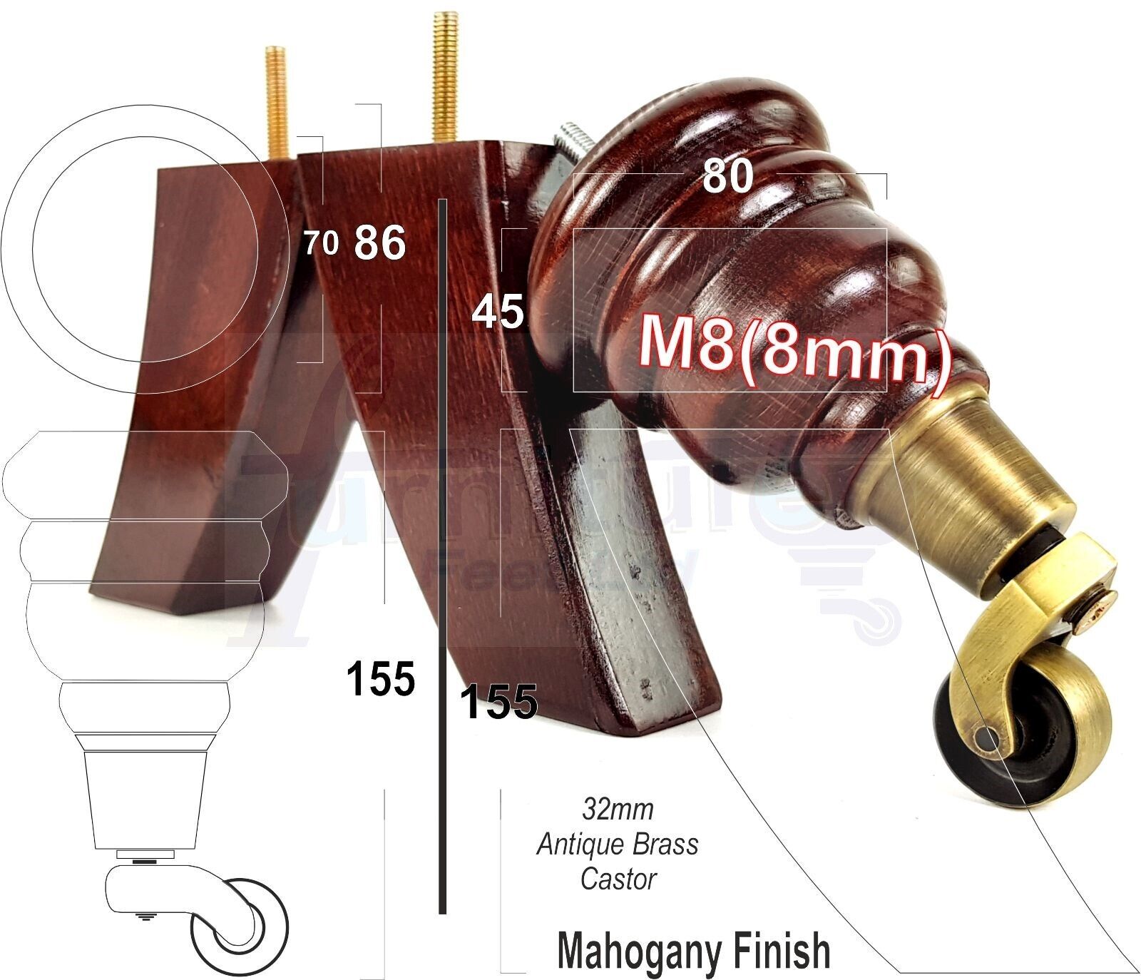 Mahogany Turned Wood Furniture Feet 2 With Castors 155mm and 2 Curved Back Legs Sofas Chairs Stools Cabinets Beds M8 6 Inches