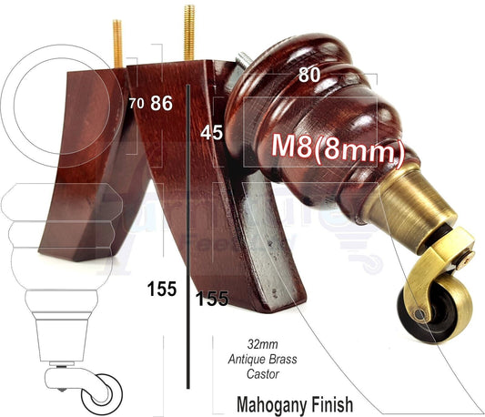 Mahogany Turned Wood Furniture Feet 2 With Castors 155mm and 2 Curved Back Legs Sofas Chairs Stools Cabinets Beds M8 6 Inches