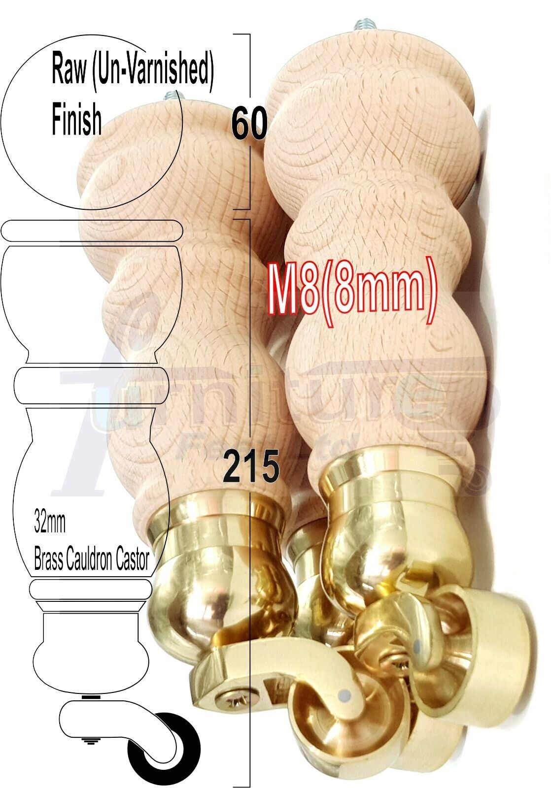 4x Furniture Feet With Castor 205mm High Legs Raw Wood M8 Sofas Chairs Stools Cabinets 8 Inches Tall