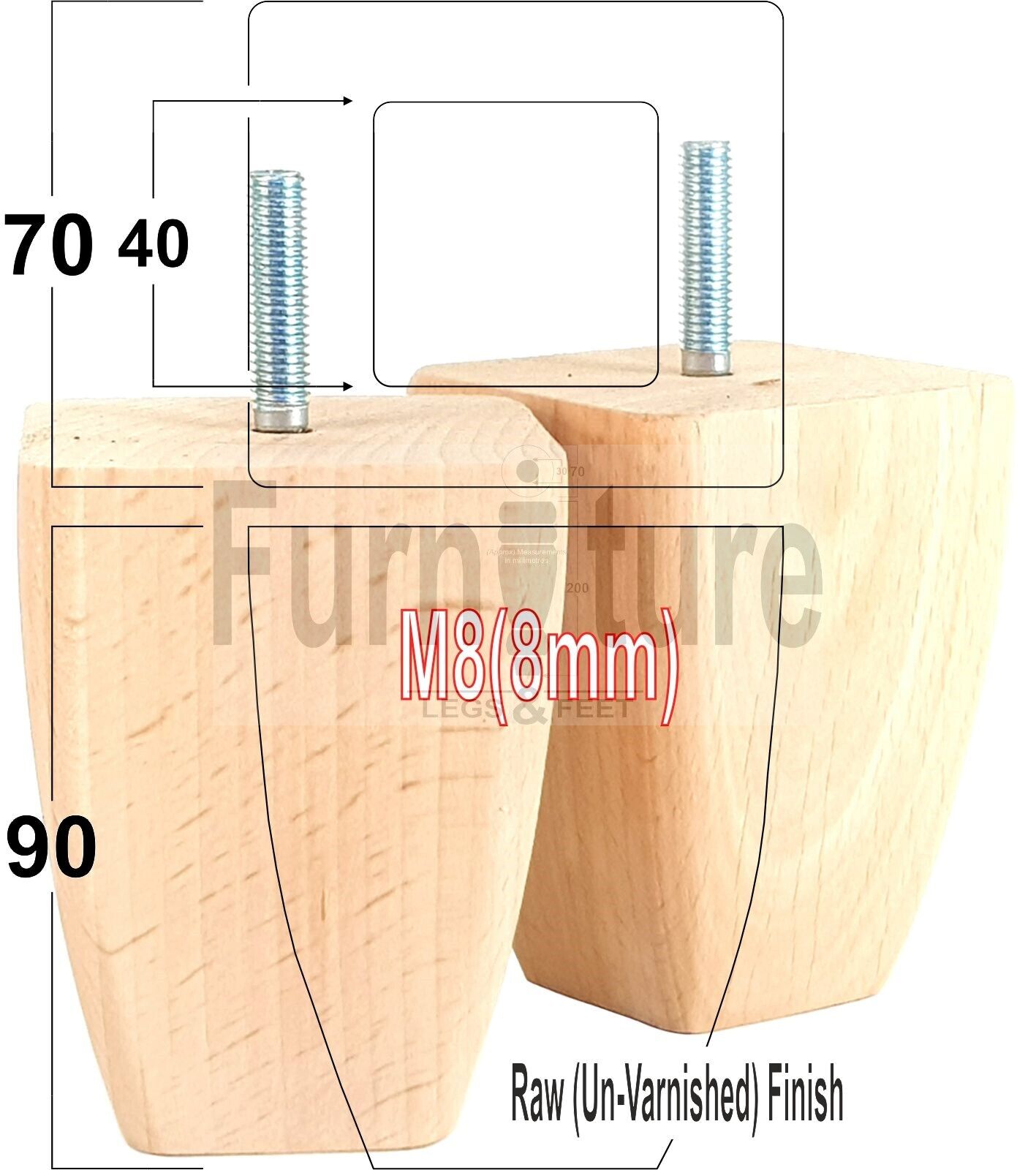 Set Of 4 Solid Wooden Block Furniture Feet Replacement Legs 90mm High M8(8mm)