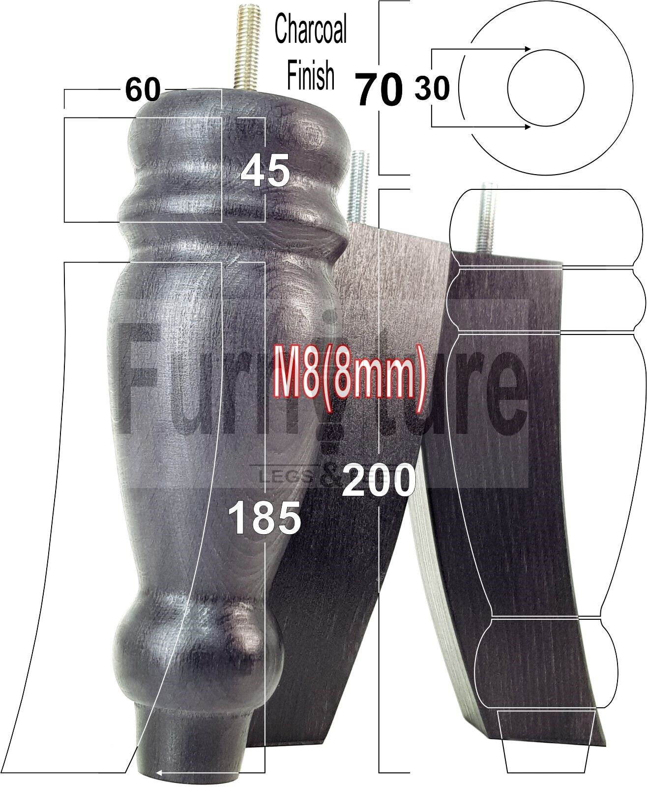 2 Traditional Turned Furniture Feet Replacement Sofa Legs 200mm & 2 Curved Back Legs 185mm for Chairs Stools Sofa Beds Settee Cabinets M8
