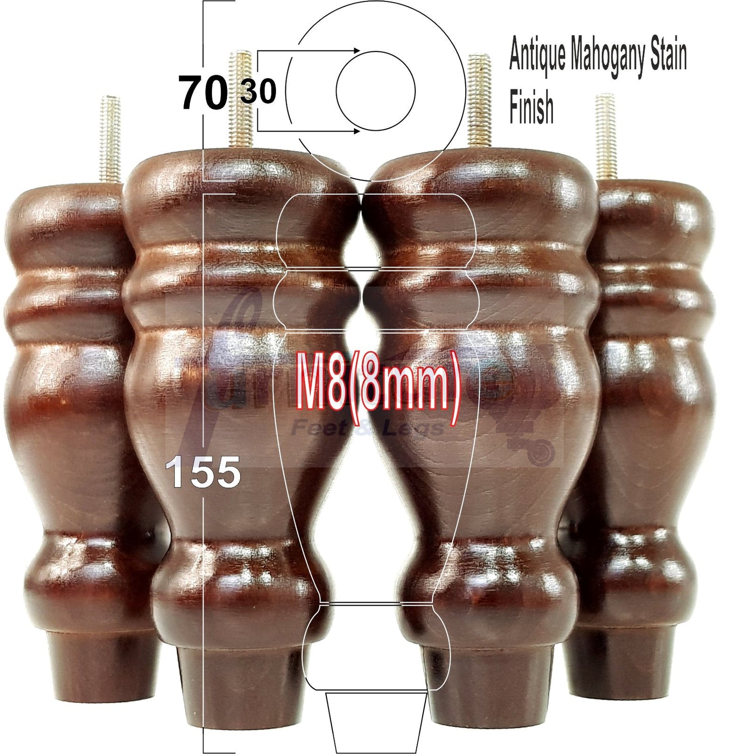 Set Of 4 Turned Wood Furniture Replacement Feet 155mm High 8mm Tread