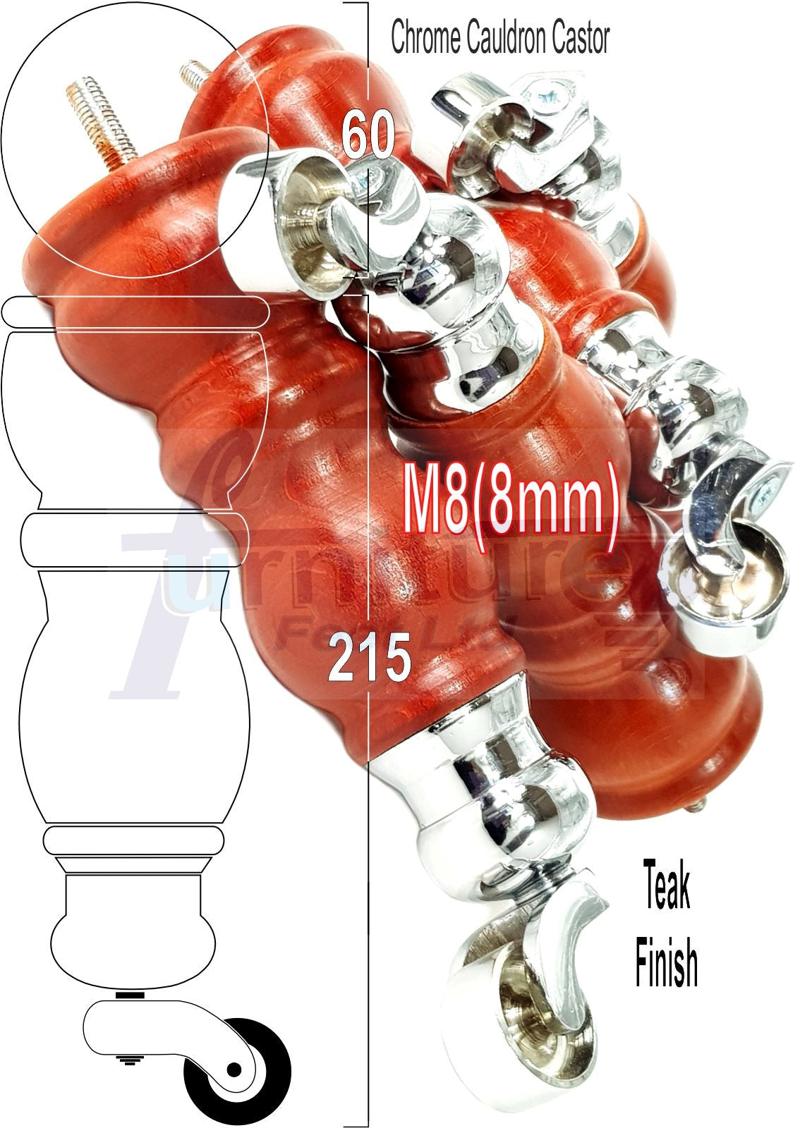 Solid Wood Furniture Feet With Castors Set of 4 Legs 205mm High For Sofas Chairs Stools Cabinets & Beds M8