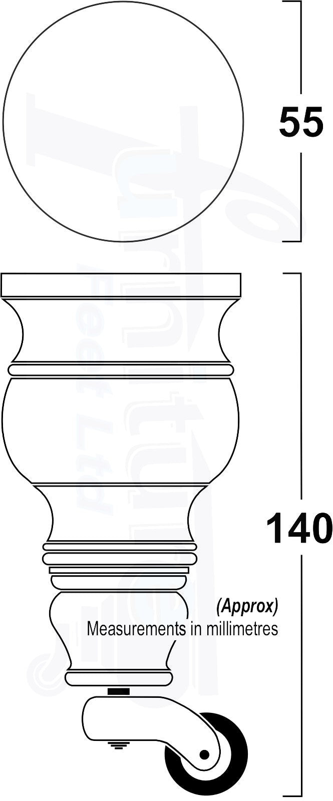 Set Of 4 Turned Wood Furniture Legs With Black Castor Wheels 140mm High M8(8mm) For Chairs Settees & Cabinets
