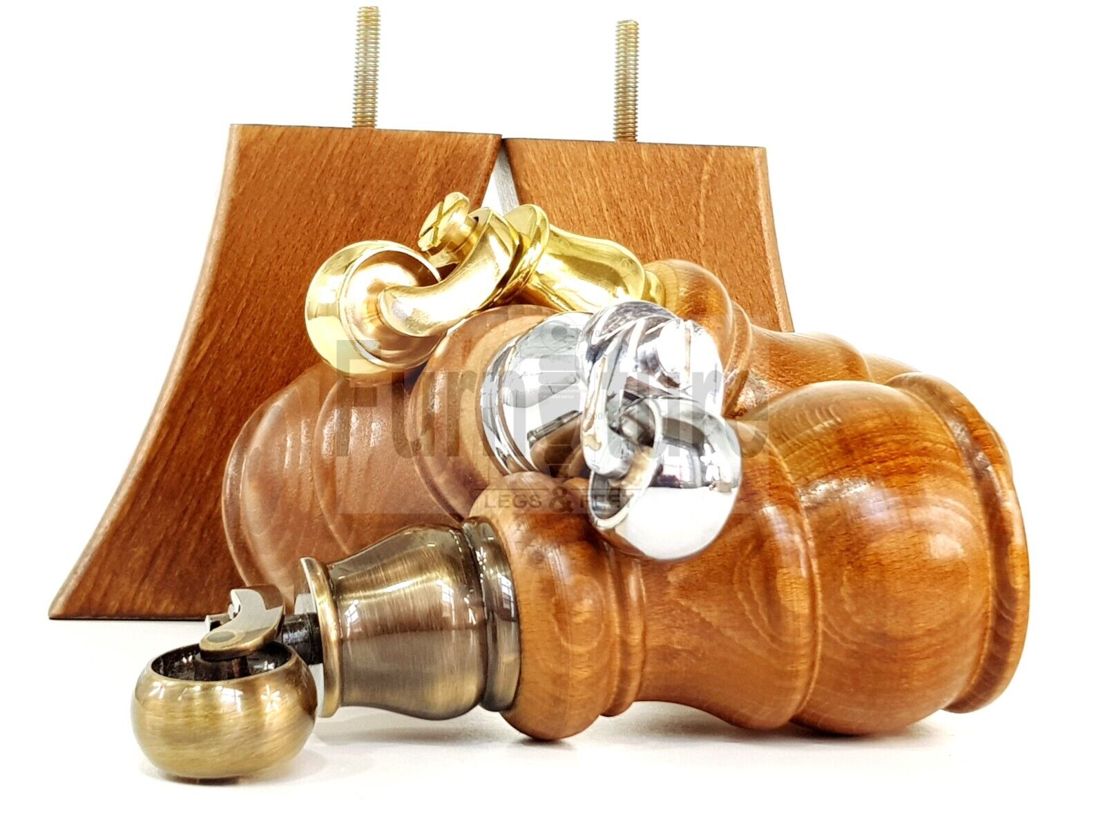 2 Wooden Castor Furniture Sofa Legs & 2 Curved Back Feet  Dark Oak Stain M8 Chair Settee Feet 160mm High