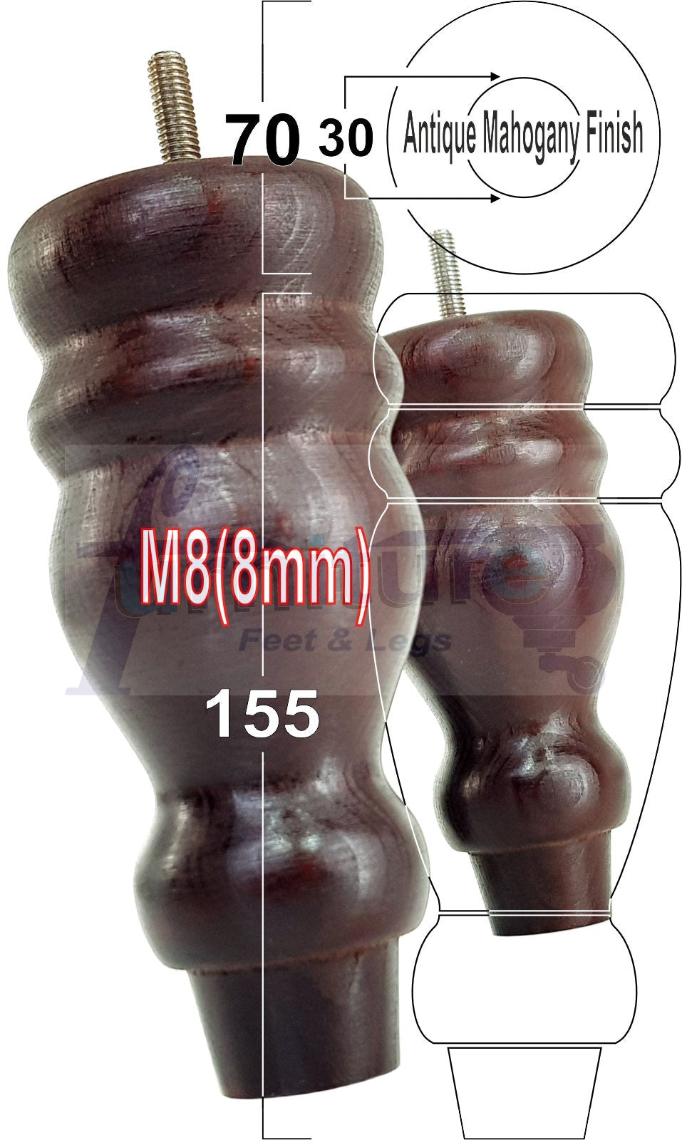 Set Of 4 Turned Wood Furniture Replacement Feet 155mm High 8mm Tread