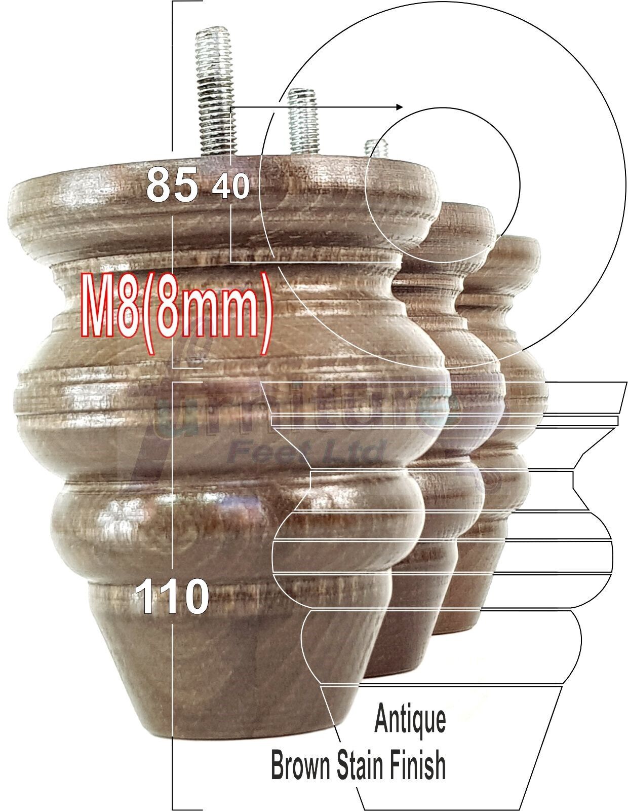 4x Turned Wood Furniture Legs Replacement Feet 110mm High Multiple Colours Chairs Stools Sofa's Beds Settee Cabinets M8