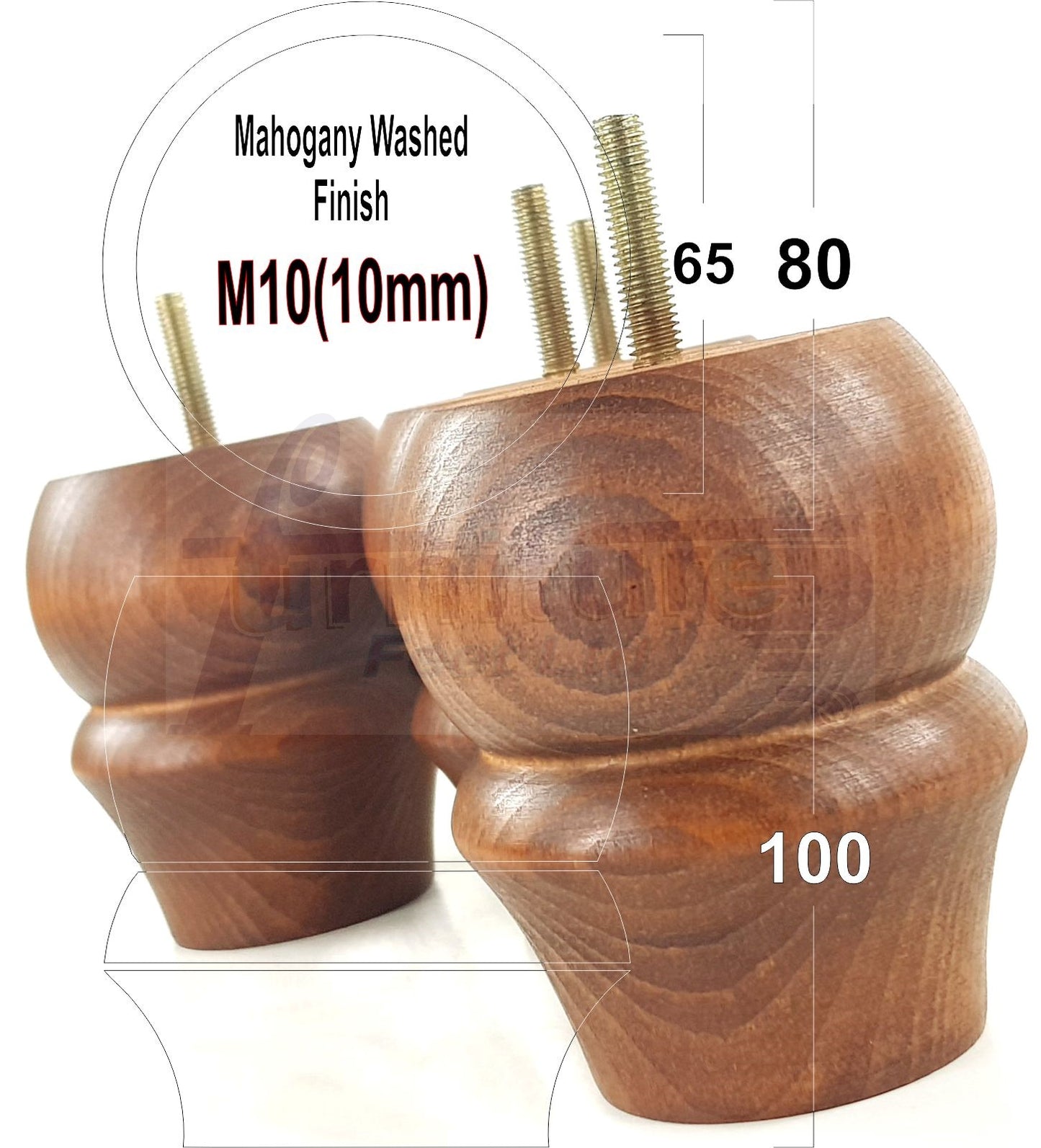 Set Of 4 Solid Wood Turned Furniture Legs Replacement Bun Feet 100mm High 10mm Thread