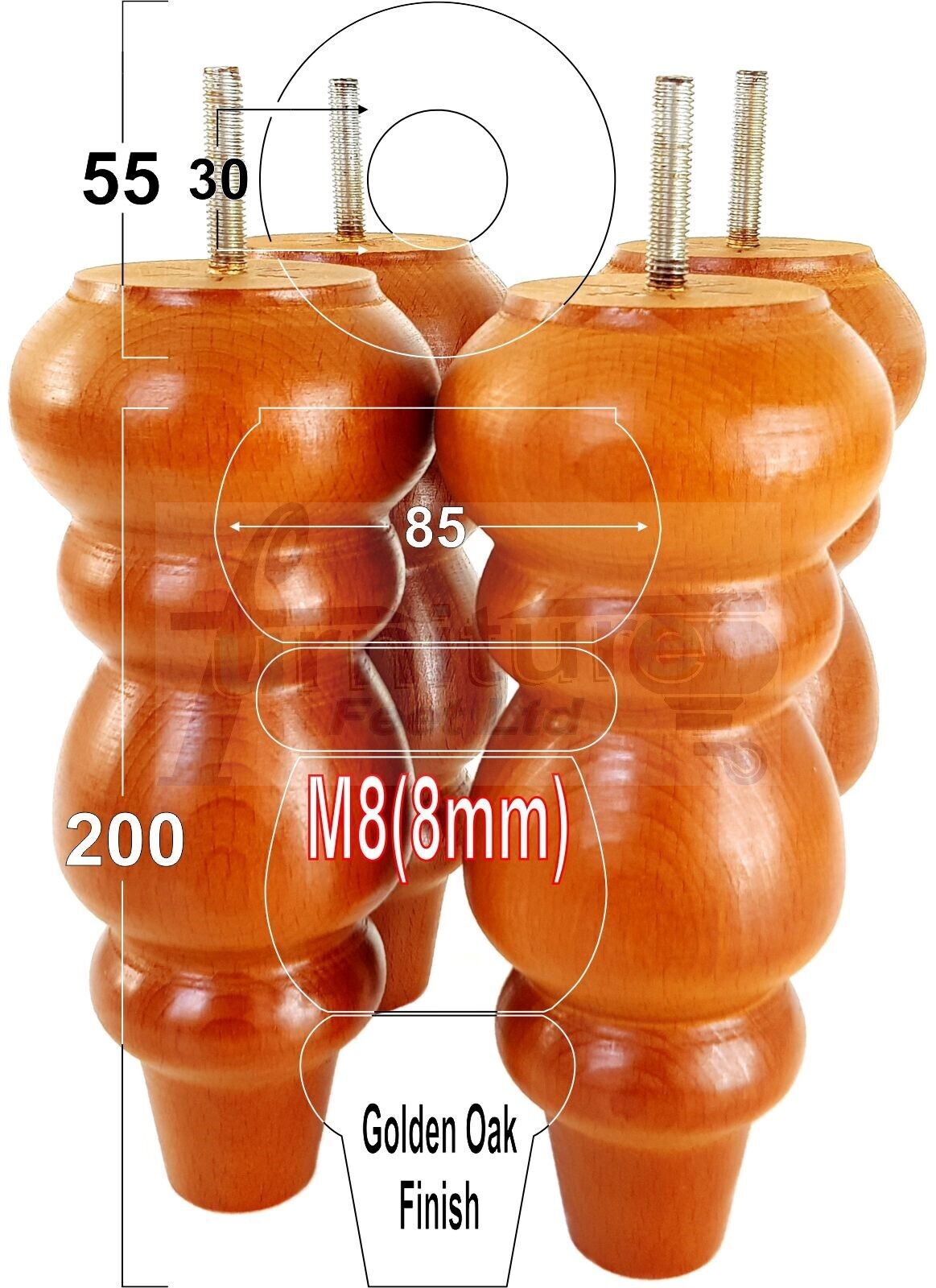 4 Solid Wood Furniture Legs Replacement Turned Chair Feet 200mm High M8 Threaded Dowl