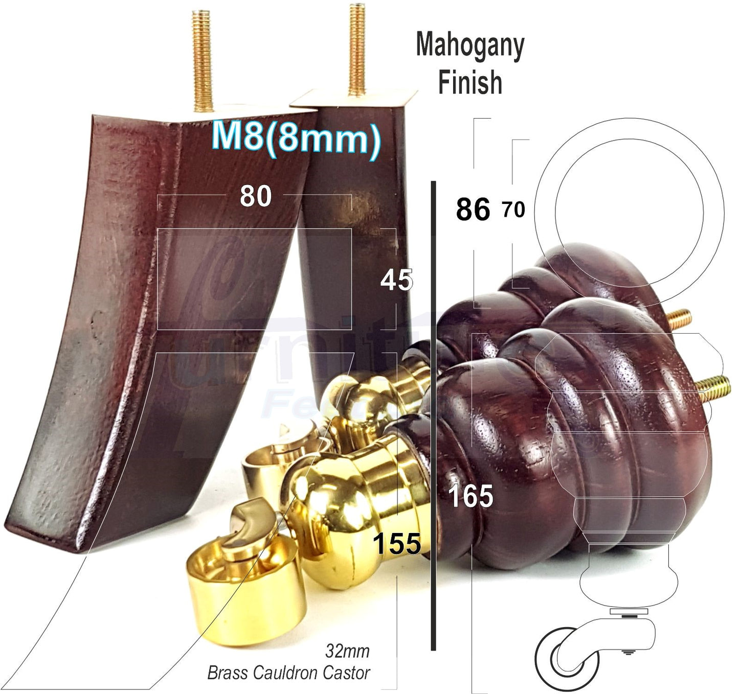 Mahogany Turned Wood Furniture Feet 2 With Castors 155mm and 2 Curved Back Legs Sofas Chairs Stools Cabinets Beds M8 6 Inches