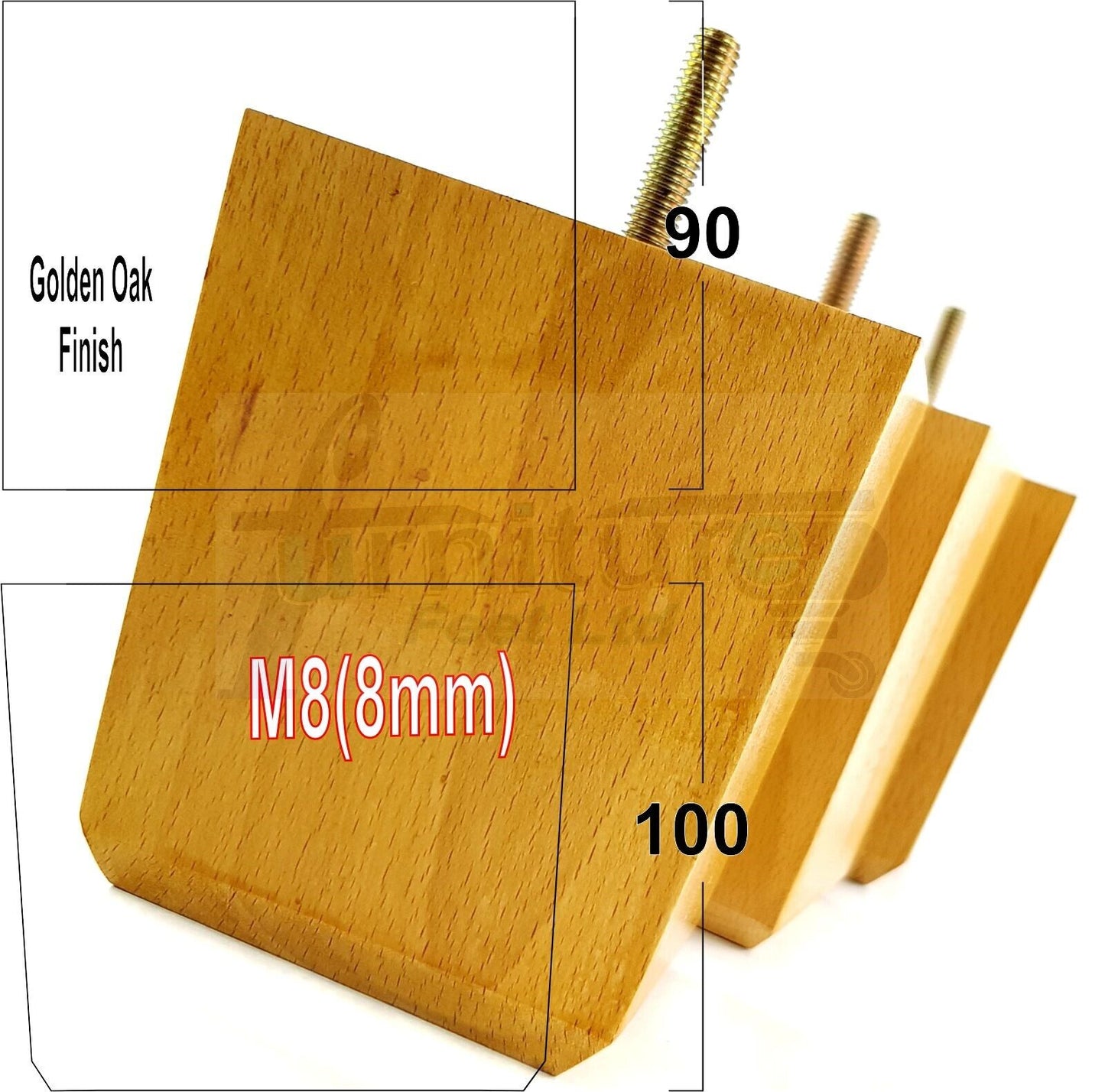 4x Solid Wood Square Furniture Legs Block Replacement Feet 100mm M8(8mm)