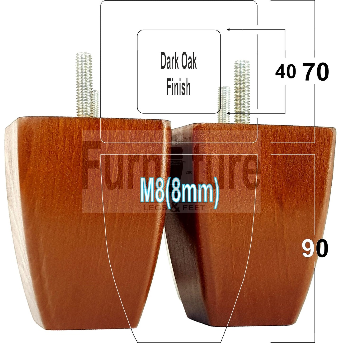 Set Of 4 Solid Wooden Block Furniture Feet Replacement Legs 90mm High M8(8mm)