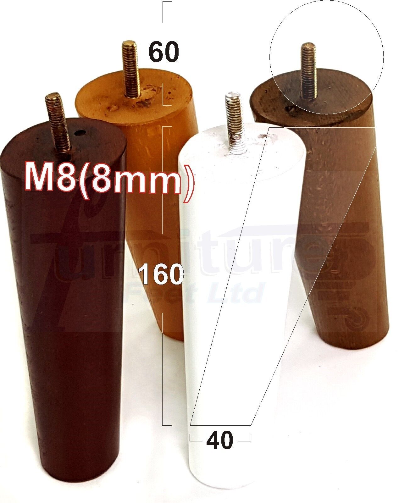 4 Solid Wood Turned Furniture Feet Replacement Mid Centry Angled Retro Legs 160mm High M8 Sofa Chairs Stools Cabinets Beds