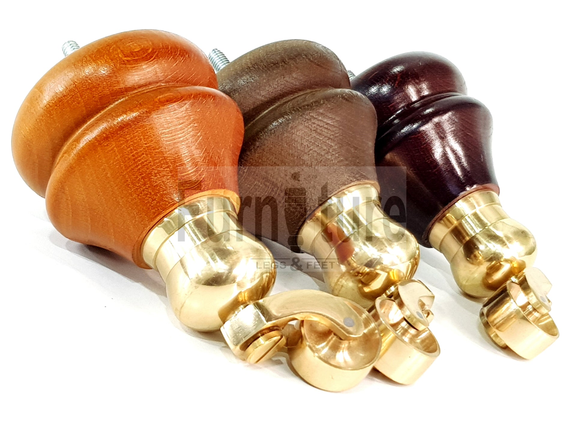 Set Of 4 Turned Furniture Wood Feet With Brass Castors 150mm Sofas Chairs Settee Cabinets Beds M8(8mm)