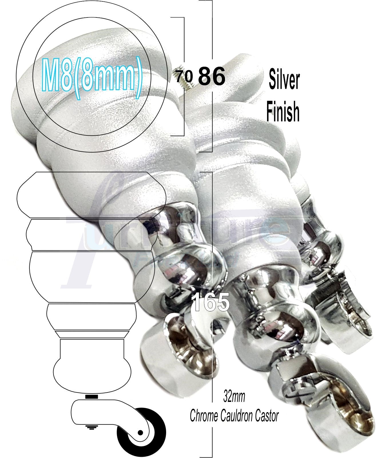 4 Turned Wood Furniture Feet With Chrome Cauldron Castors 155mm Legs Sofas Chairs Stools Cabinets Beds M8 6 Inches