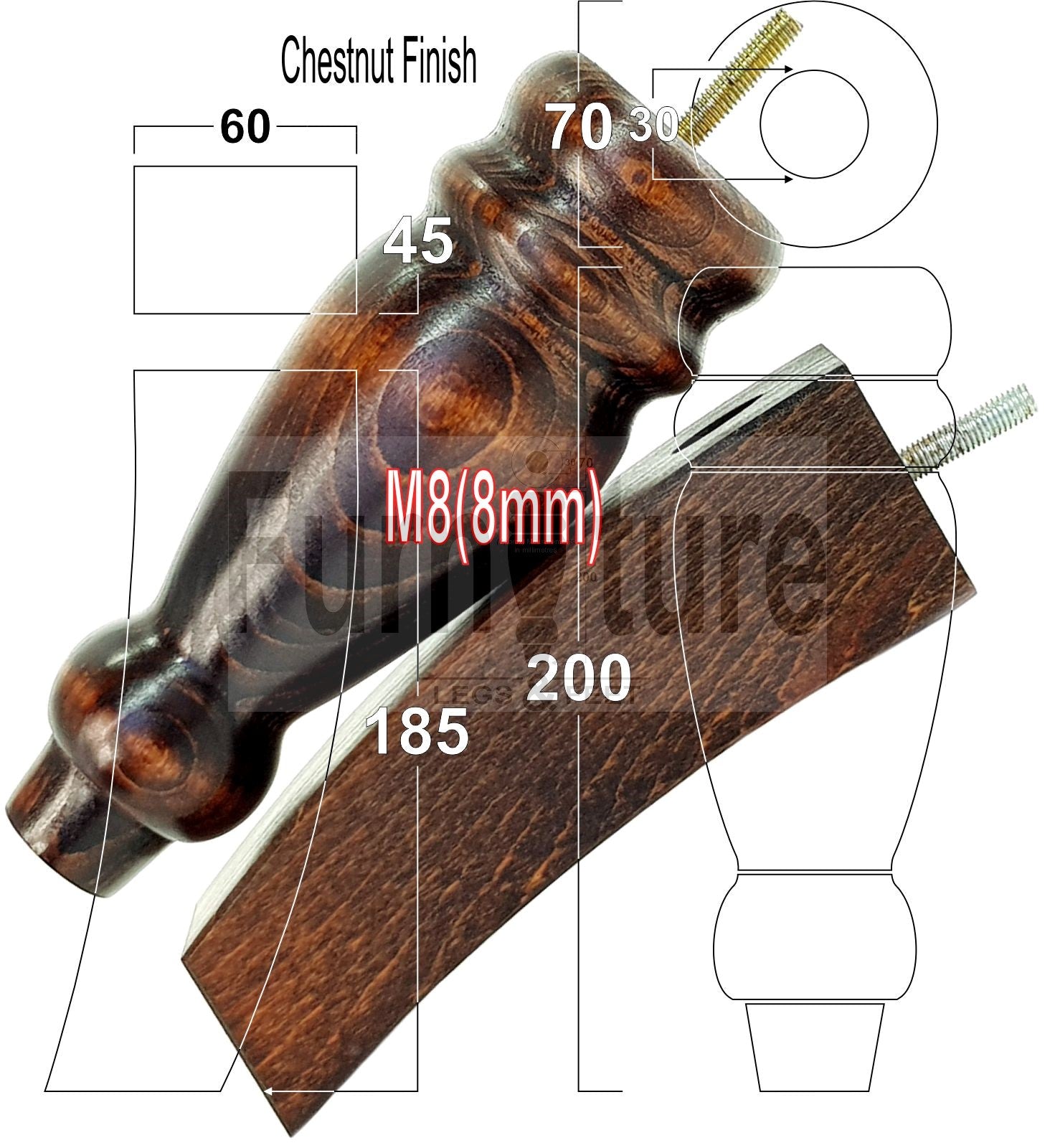 2 Traditional Turned Furniture Feet Replacement Sofa Legs 200mm & 2 Curved Back Legs 185mm for Chairs Stools Sofa Beds Settee Cabinets M8