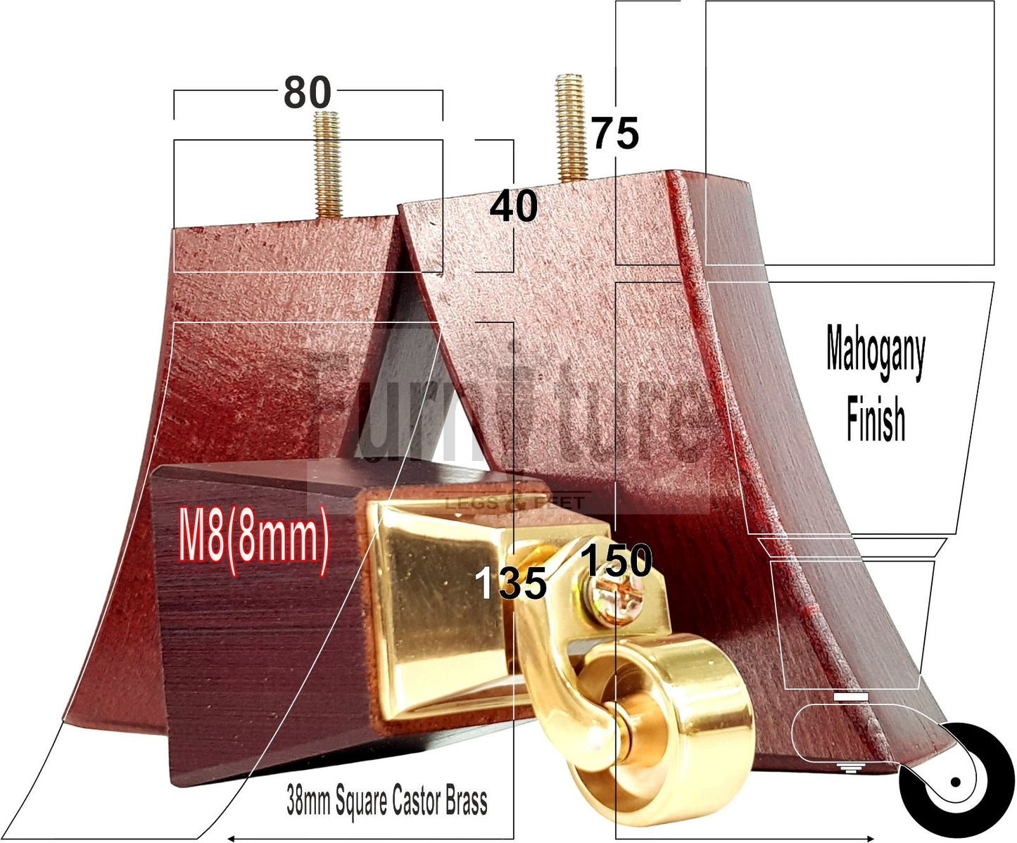2x Cuved Wood Furniture Legs & 2x Castor Feet 150mm High For Chairs Sofas Settees 8mm Thread