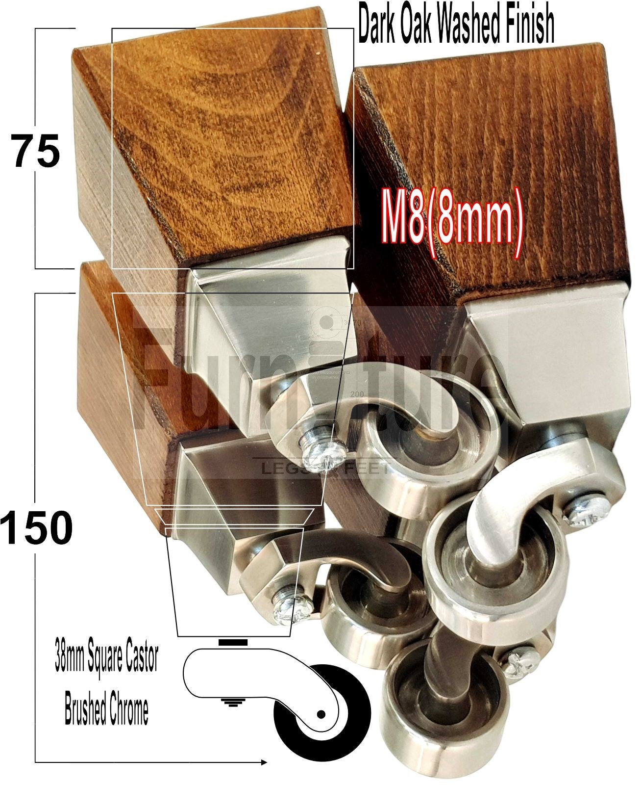 4x Block Wood Furniture Legs With Castor 8mm Thread For Chairs Settees Sofa 150mm High