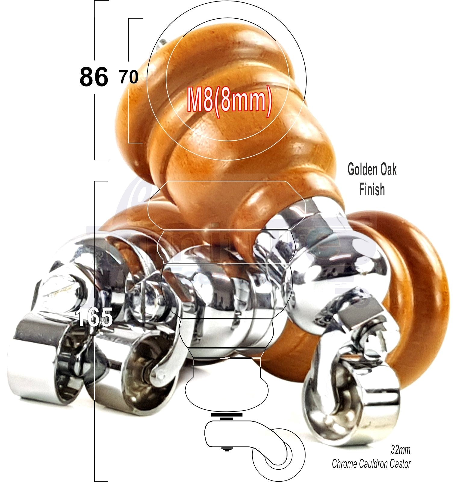 4 Turned Wood Furniture Feet With Chrome Cauldron Castors 155mm Legs Sofas Chairs Stools Cabinets Beds M8 6 Inches