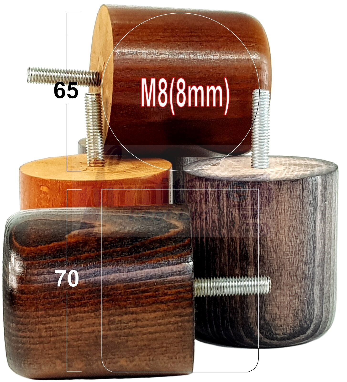 4x Solid Wood Turned Furniture Legs Replacement Bun Feet 70mm High 8mm Thread