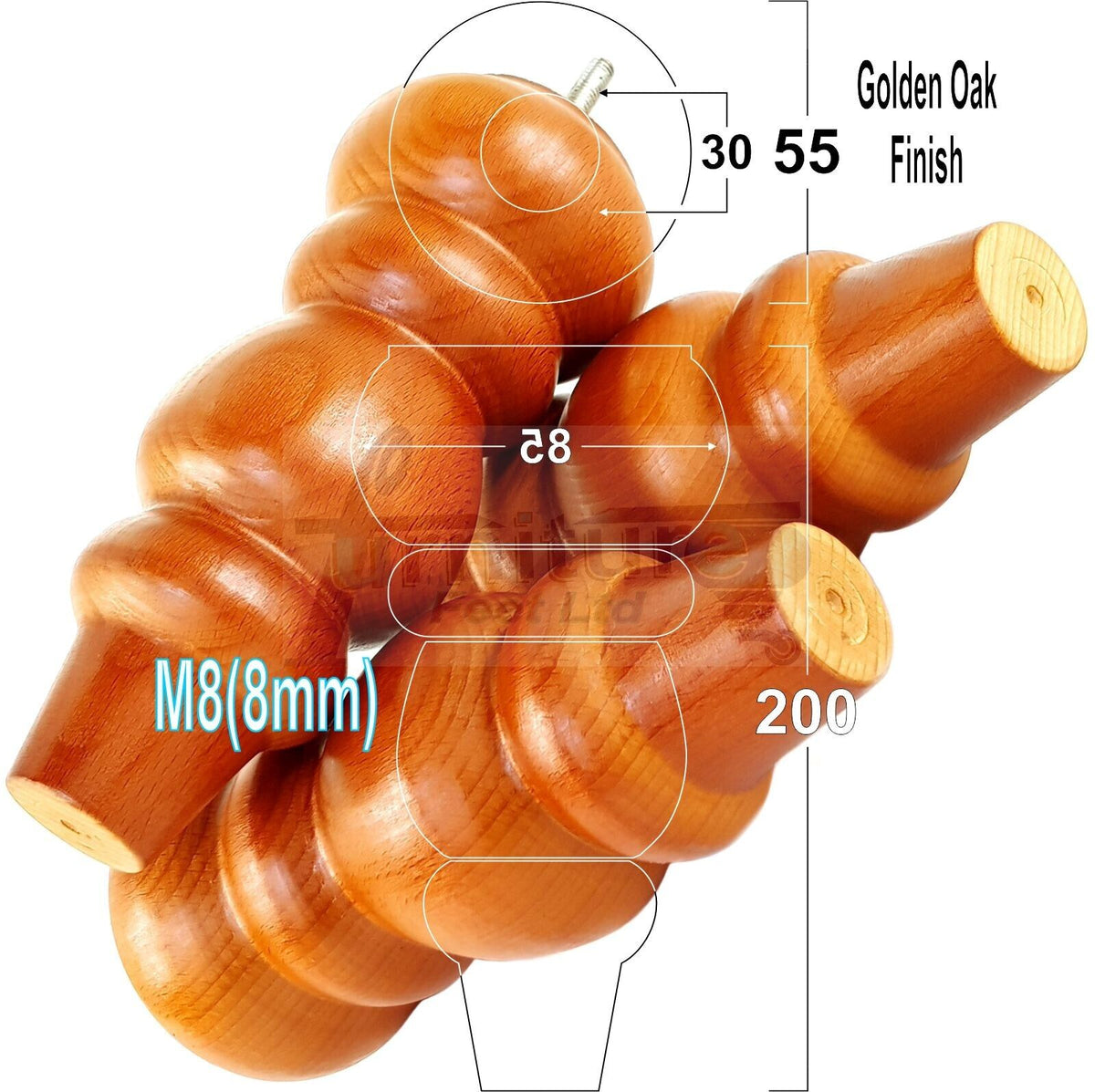 4 Solid Wood Furniture Legs Replacement Turned Chair Feet 200mm High M8 Threaded Dowl