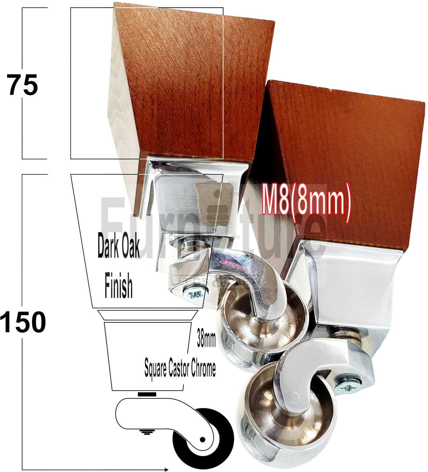 4x Block Wood With Castor Dark Oak Furniture Legs 8mm Thread For Chairs Settees Sofa 150mm High