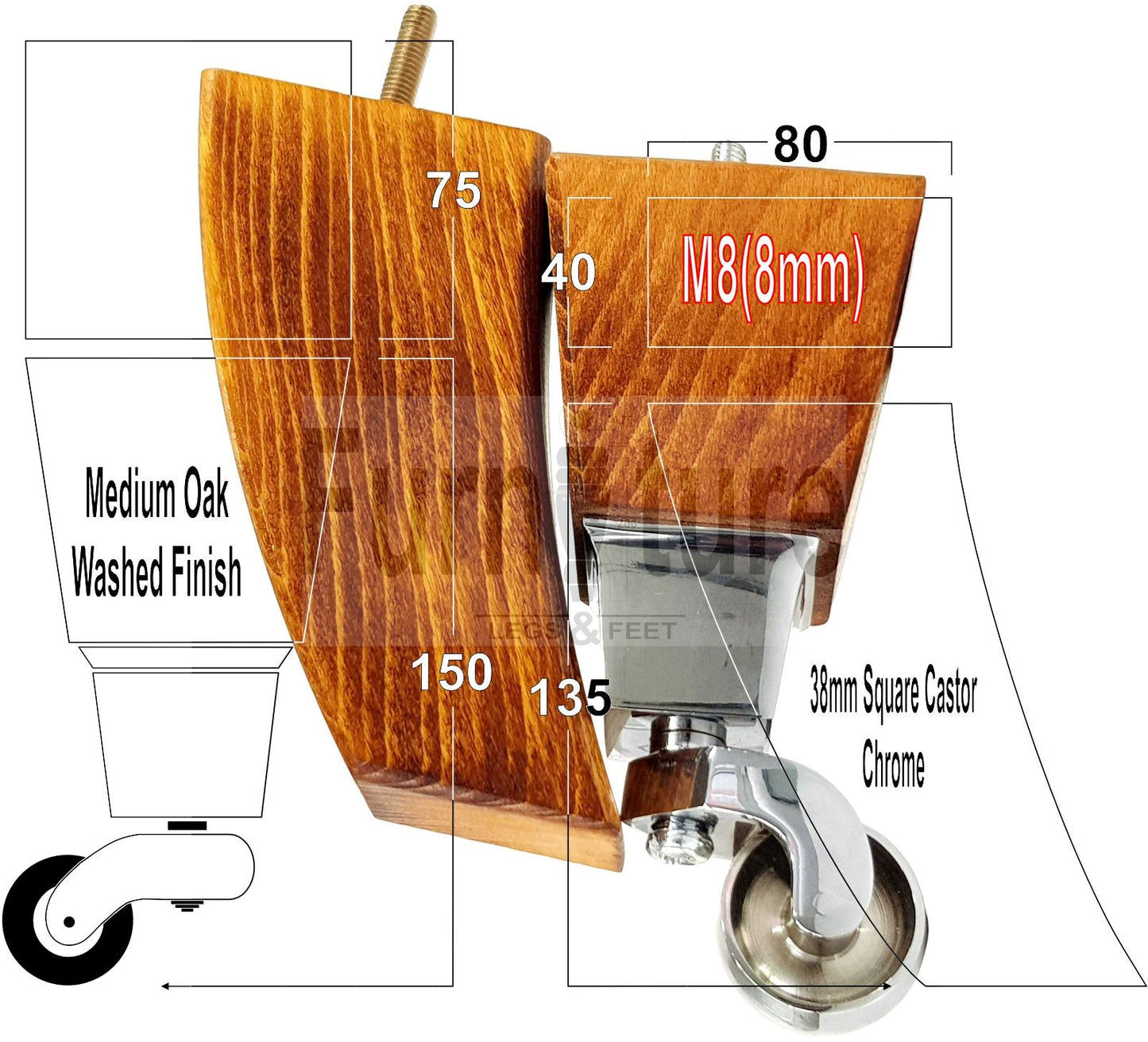 2x Cuved Wood Furniture Legs & 2x Castor Feet 150mm High For Chairs Sofas Settees 8mm Thread