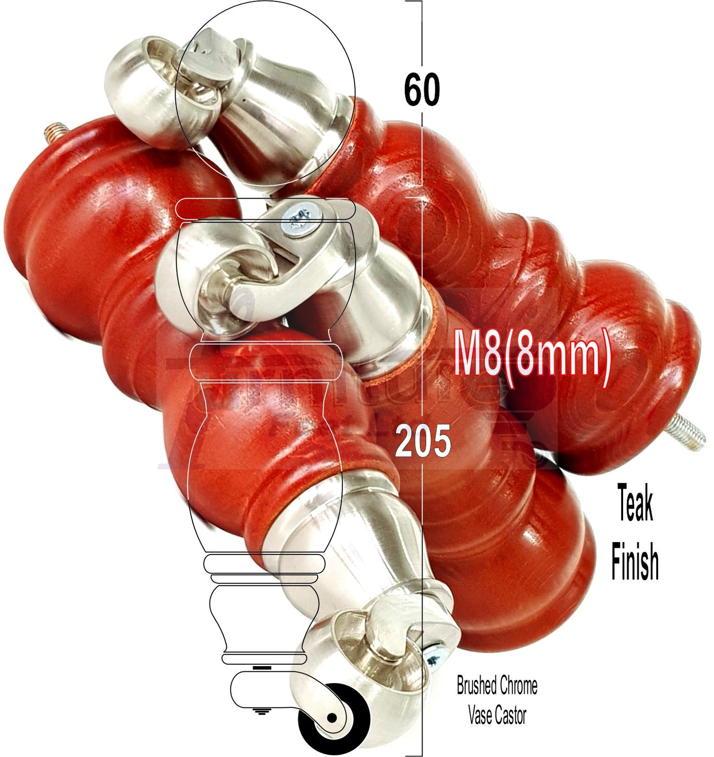 Solid Wood Furniture Feet With Castors Set of 4 Legs 205mm High For Sofas Chairs Stools Cabinets & Beds M8