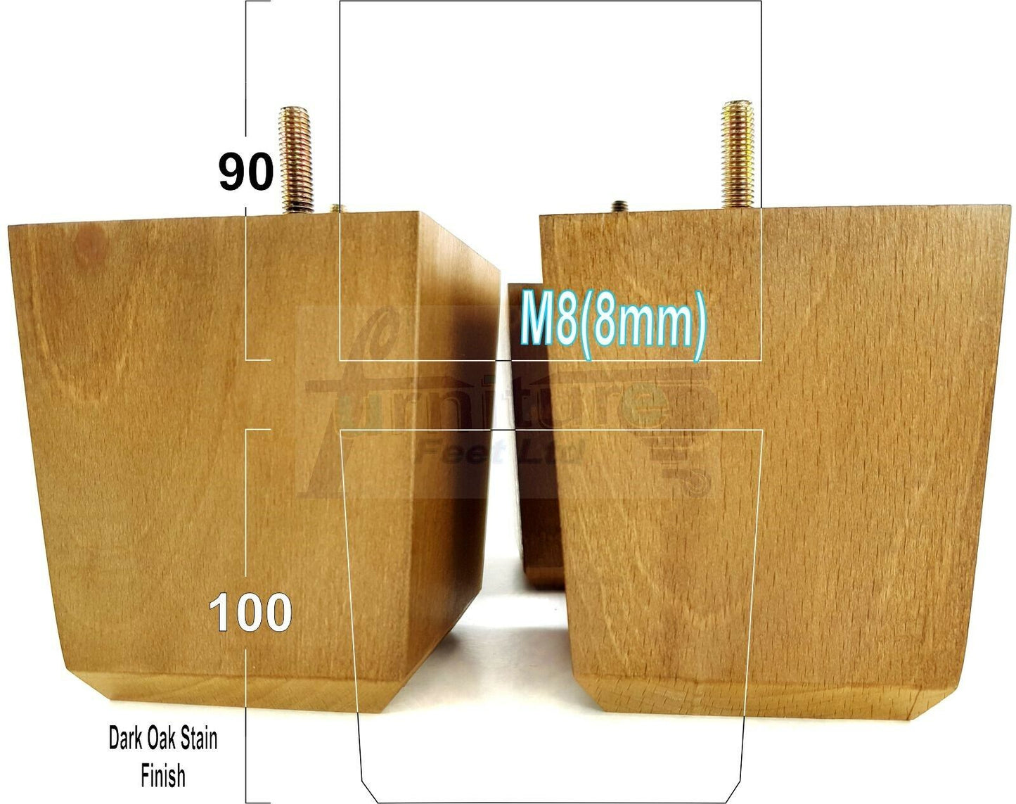 4x Solid Wood Square Furniture Legs Block Replacement Feet 100mm M8(8mm)