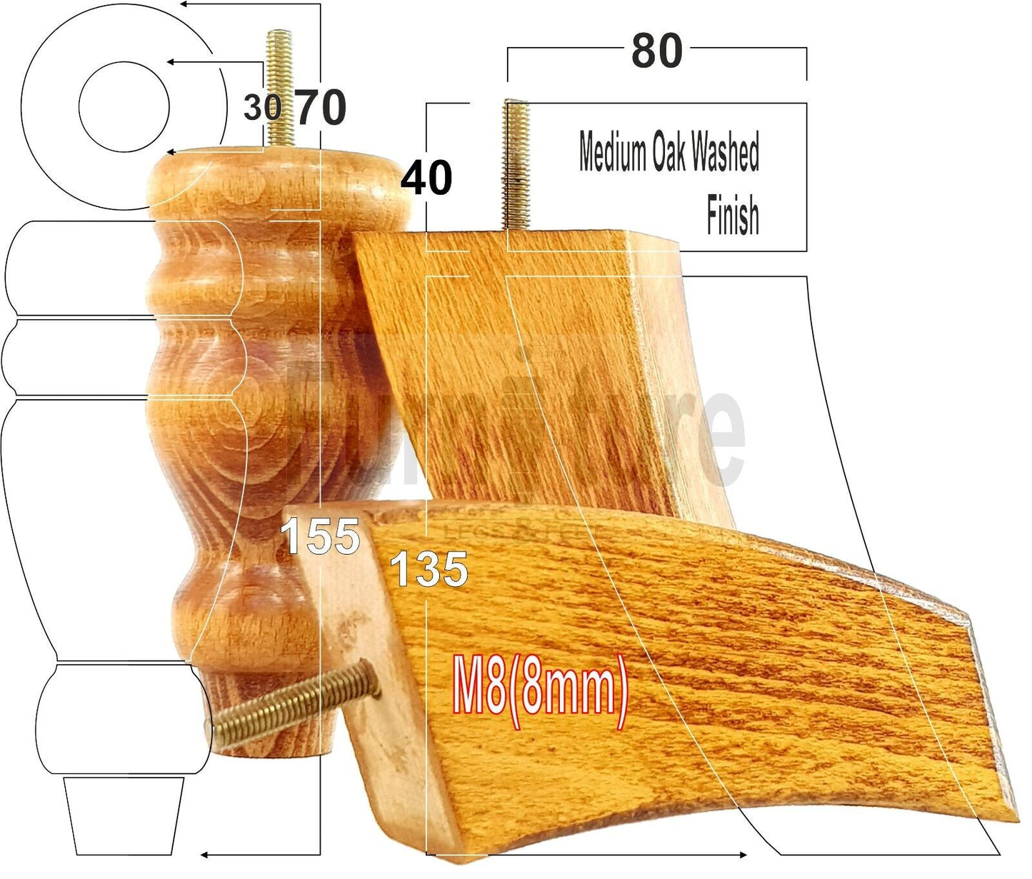 2x Turned Wood Furniture Feet 155mm and 2 Curved Back Legs Sofas Chairs Beds M8 Thread 6 Inches