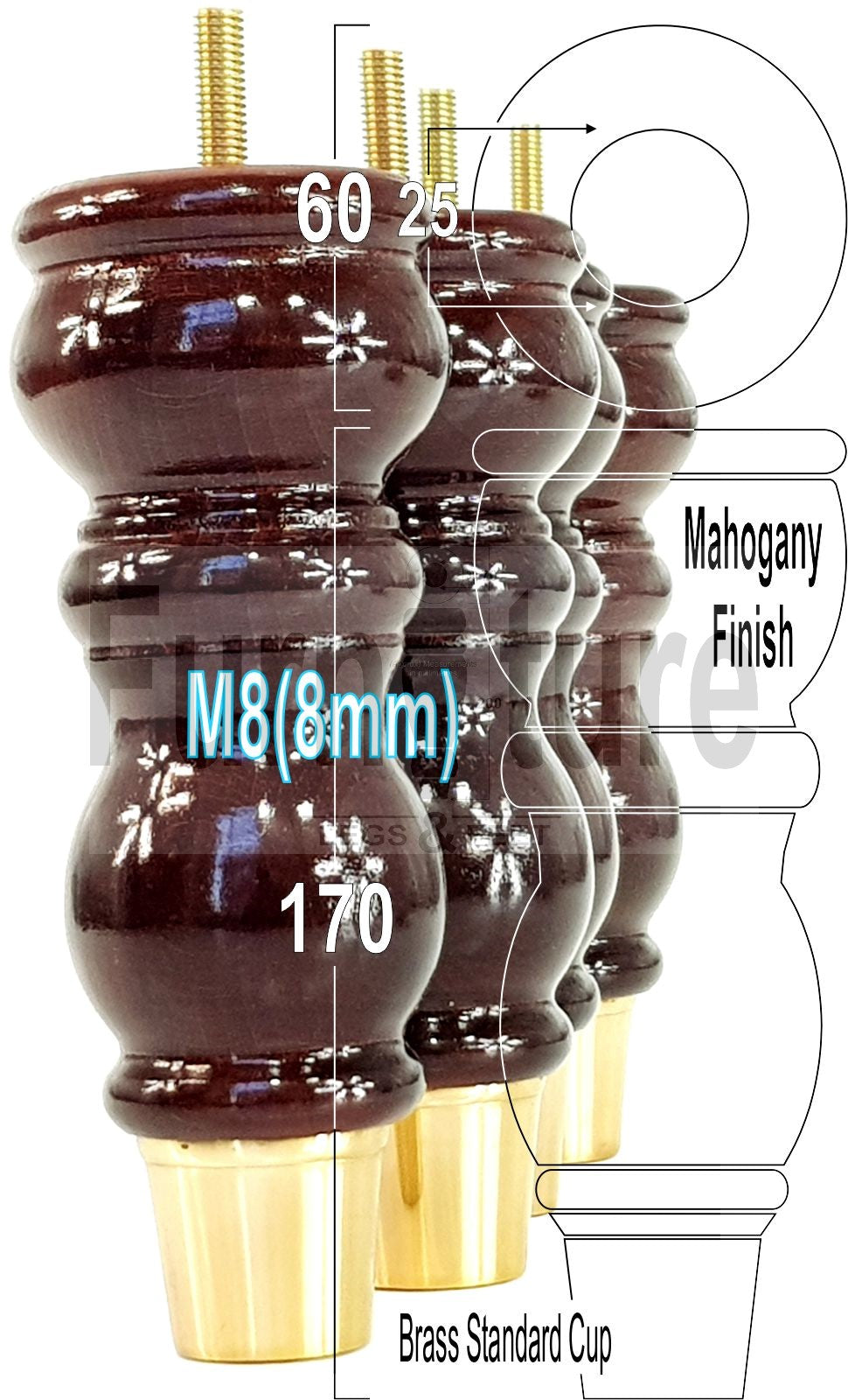 4x Furniture Feet With Slipper Cup 175mm High Legs Mahogany Finish Wood M8 Sofas Chairs Cabinets