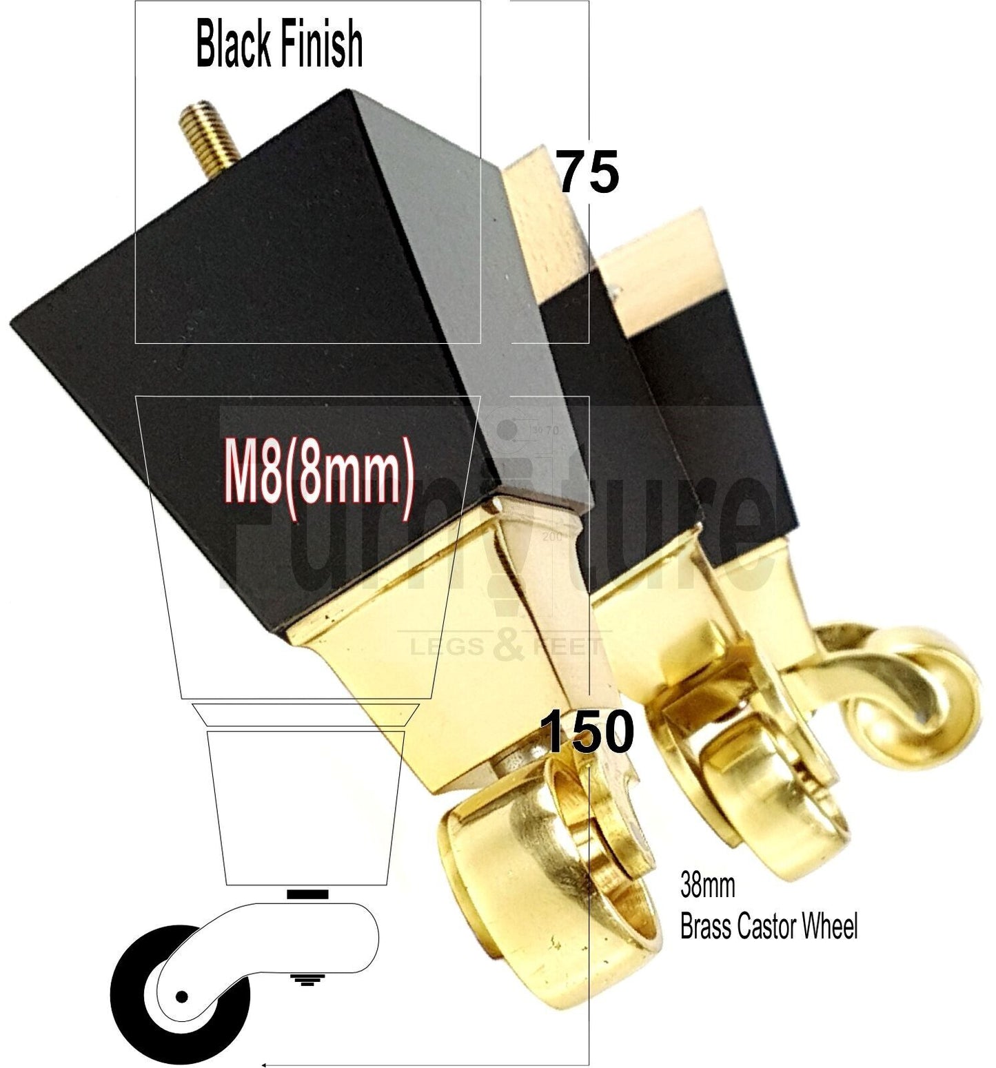 4x Block Wood Furniture Legs With Brass Castors For Sofa Chairs Settees 8mm Thread 150mm High