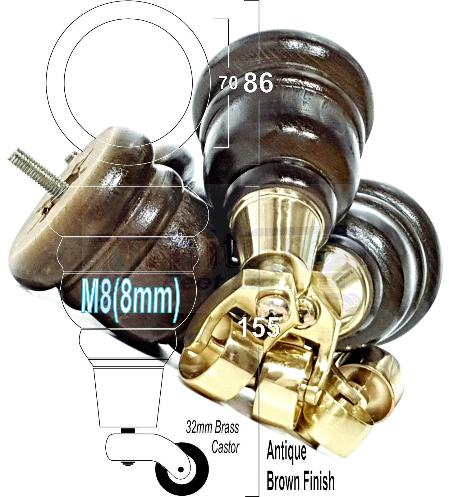 4 Turned Wood Furniture Feet With Brass Castors 155mm Legs Sofas Chairs Stools Cabinets Beds M8 6 Inches