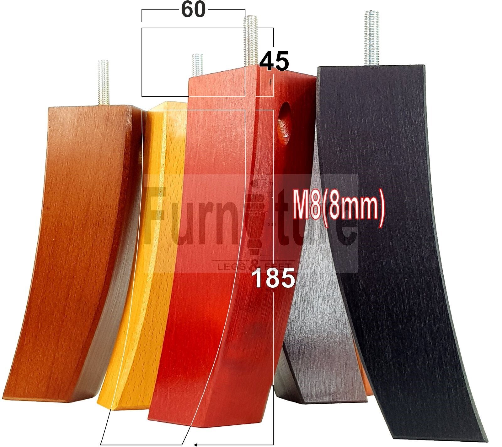 Set Of 4 Solid Wood Curved Furniture Feet Replacement Legs 185mm High M8(8mm)