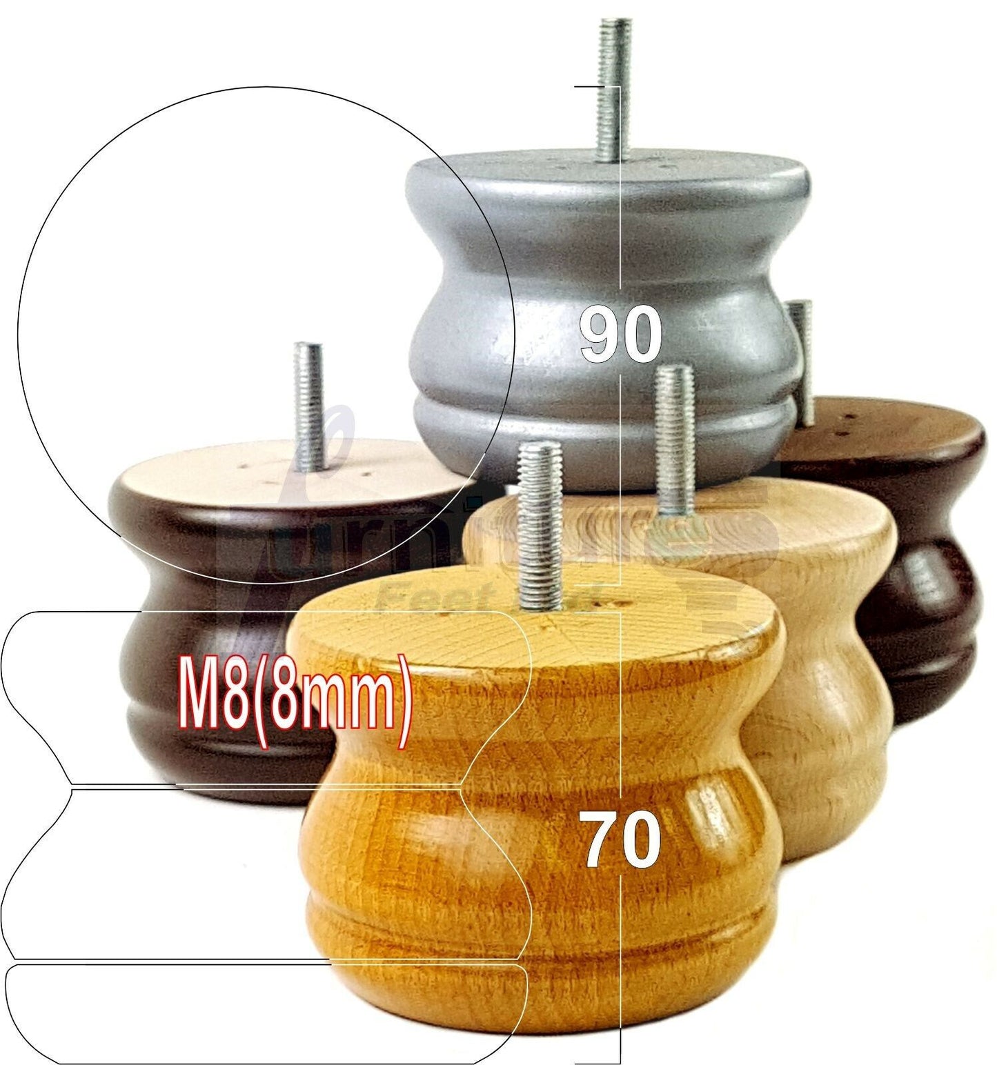 4x Turned Solid Wood Furniture Legs Replacement Bun Feet 70mm High 8mm Thread