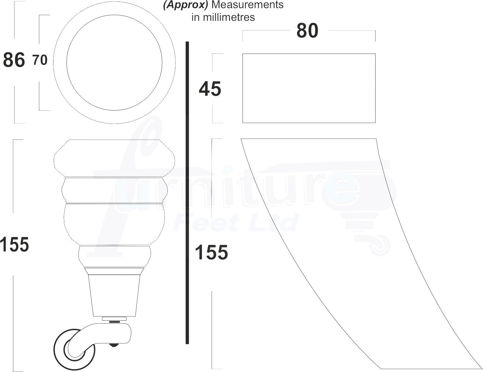 Mahogany Turned Wood Furniture Feet 2 With Castors 155mm and 2 Curved Back Legs Sofas Chairs Stools Cabinets Beds M8 6 Inches