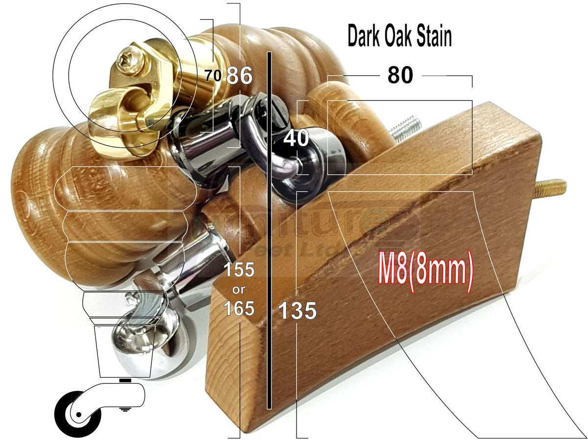 Dark Oak Stain Turned Wood Furniture Legs 2x with Castors 155mm 6 Inches High and 2x Curved Back Legs M8 Fixing