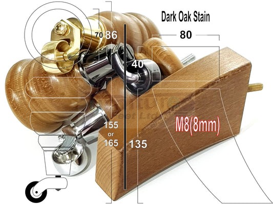 Dark Oak Stain Turned Wood Furniture Legs 2x with Castors 155mm 6 Inches High and 2x Curved Back Legs M8 Fixing
