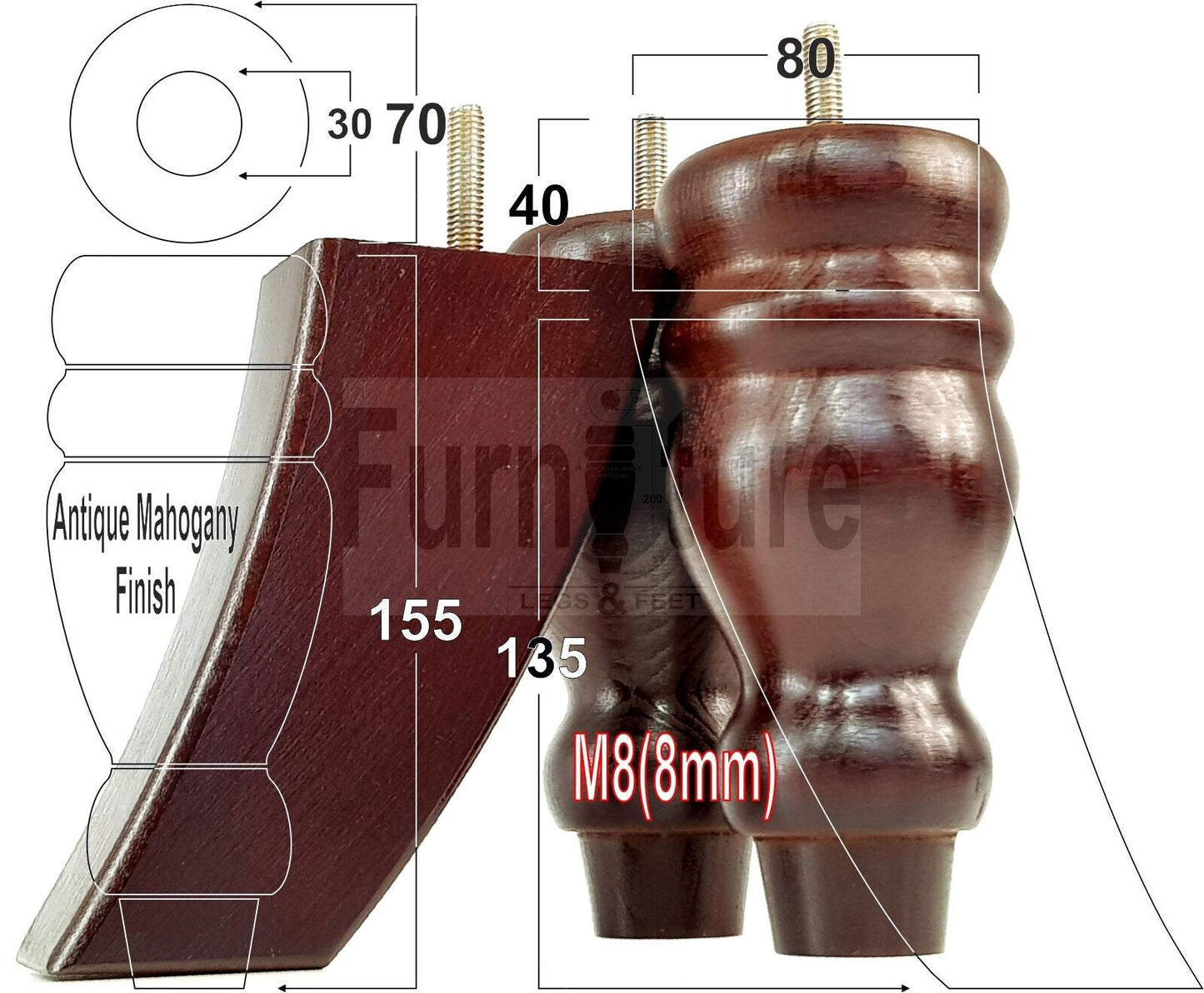 2x Turned Wood Furniture Feet 155mm and 2 Curved Back Legs Sofas Chairs Beds M8 Thread 6 Inches