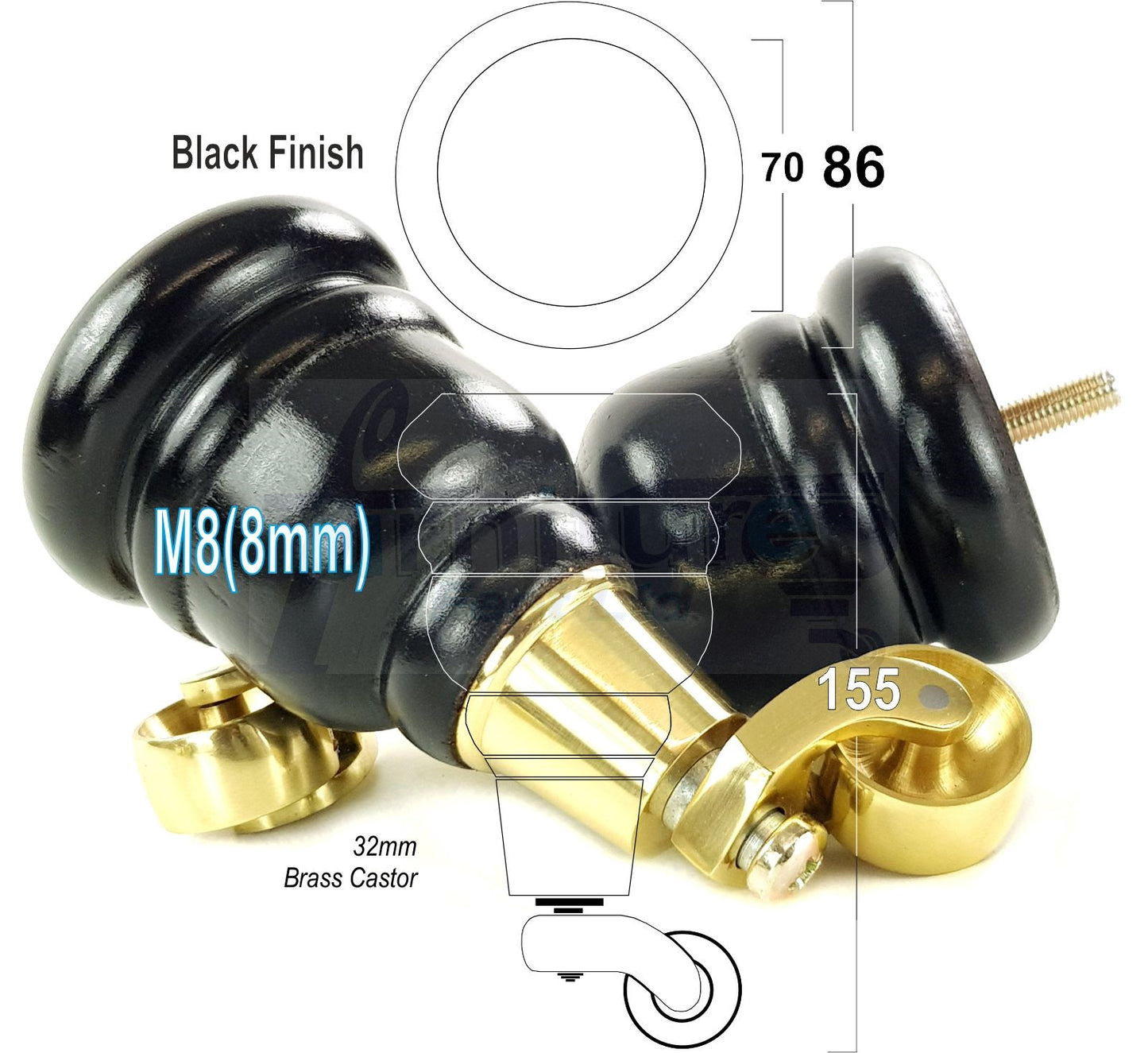 4 Turned Wood Furniture Feet With Brass Castors 155mm Legs Sofas Chairs Stools Cabinets Beds M8 6 Inches