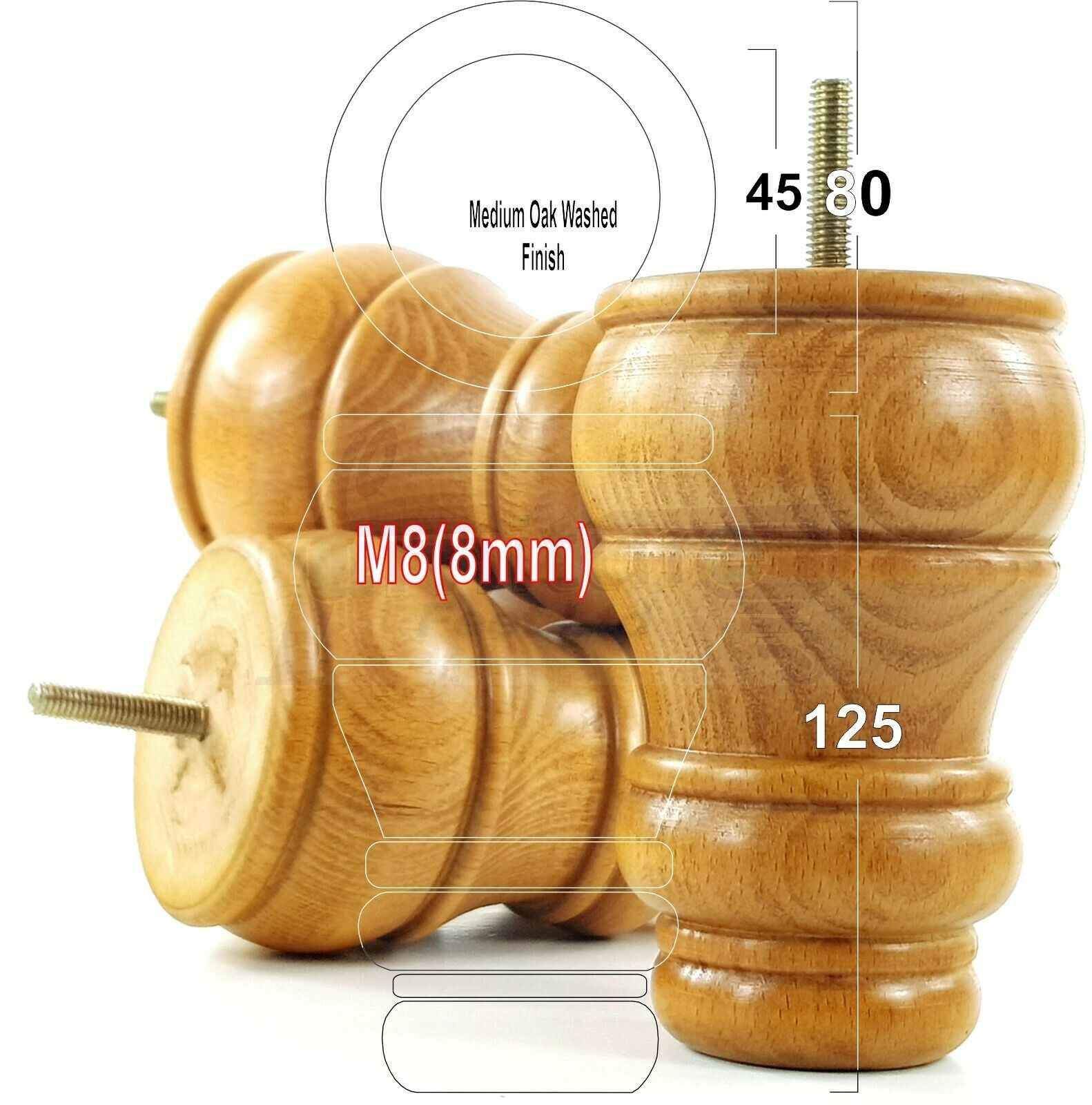 4 Turned Wood Furniture Chair Legs M8 Replacement Sofa Settee Feet 125mm High