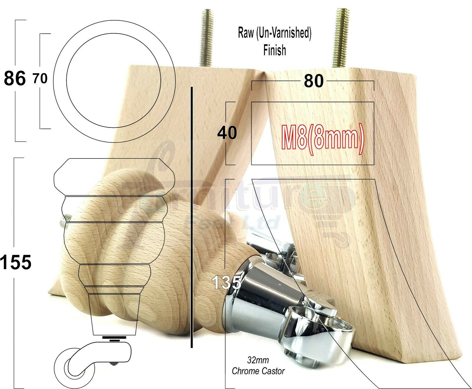 Turned Furniture Feet 2 With Castors 155mm and 2 Curved Back Legs Raw Wood for Sofas Chairs Stools Cabinets Beds M8 6 Inches